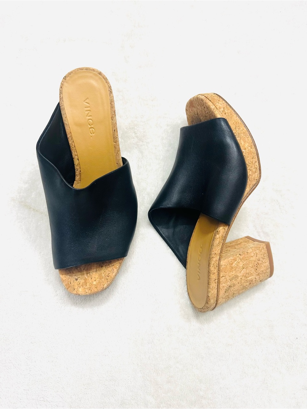 VINCE Wyatt Black Leather Platform Cork Heel Slide Sandal Size 5M